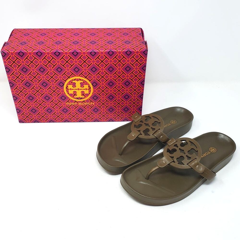 Tory Burch Miller Cloud Calf Leather Thong Sandals Olive Green 81032 Size US 7 M - Picture 3 of 11